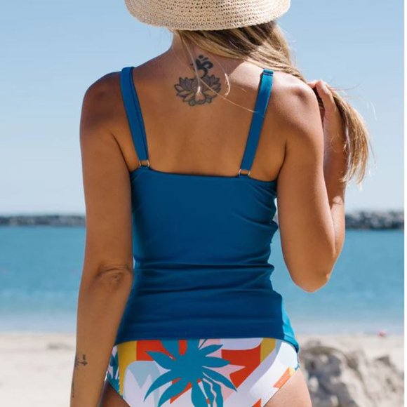 BNWT Ruched Design Tummy Control Floral Print Tankini Set Blue Size M - Picture 2 of 5